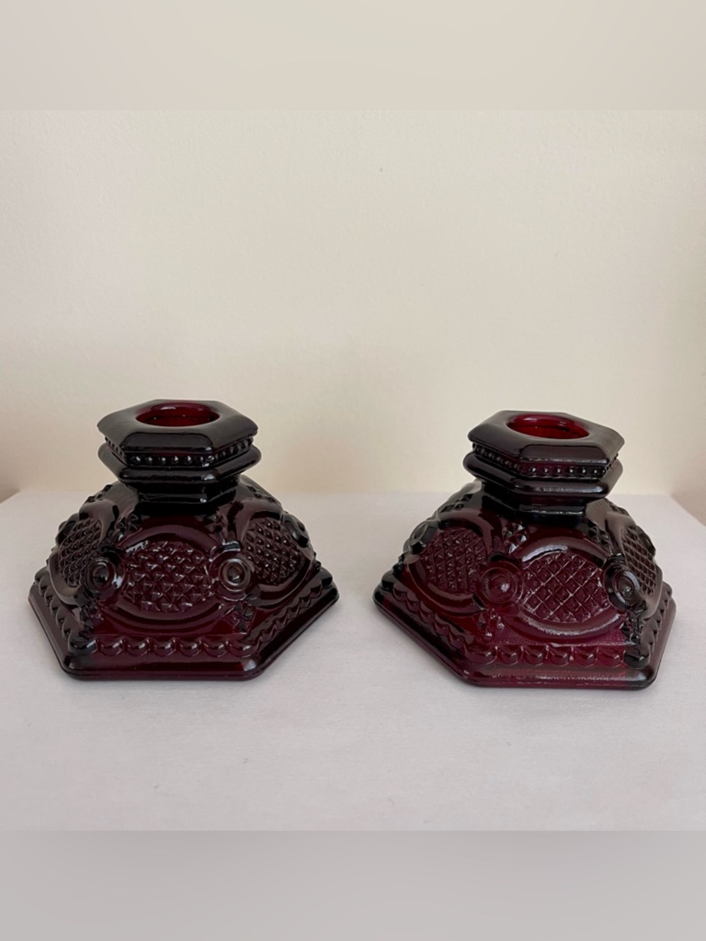 VTG Avon Deep Red Glass 1876 Cape Cod Short Candlesticks Candle
Holders Pair
